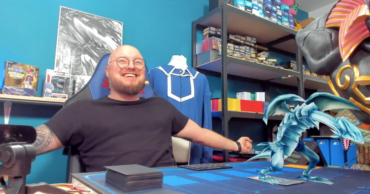 yu-gi-oh-cards-hologram-livestream-real; a French streamer summoning the Blue Eyes White Dragon Yu-Gi-Oh card with hologram technology. 