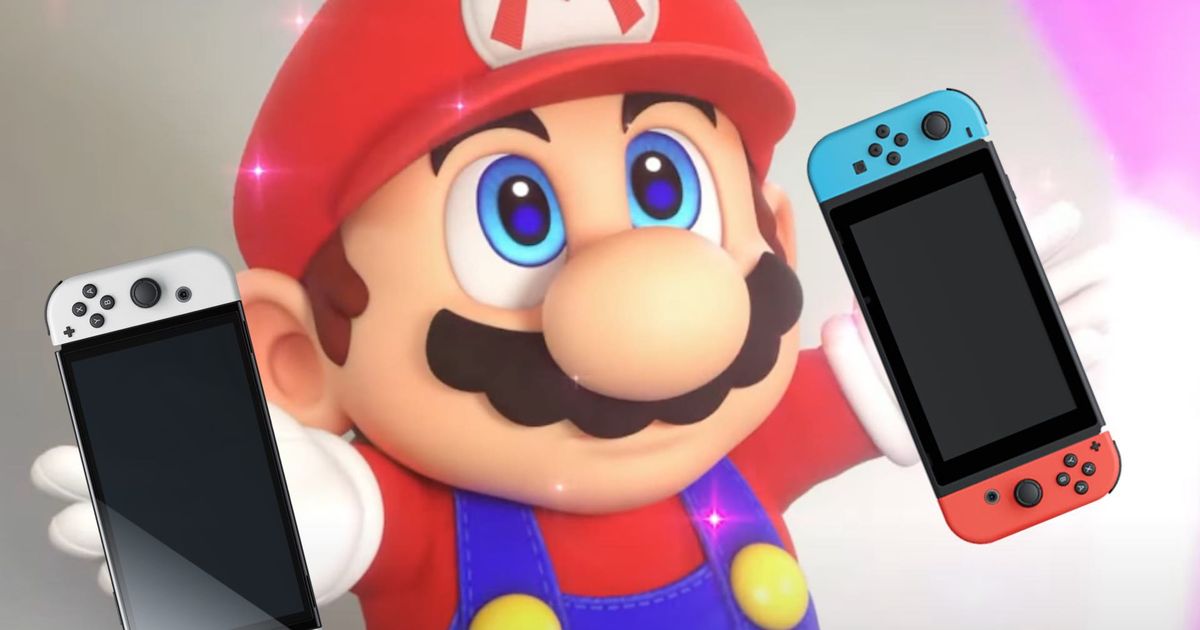 Mario looking up and holding Nintendo Switch 2 consoles 