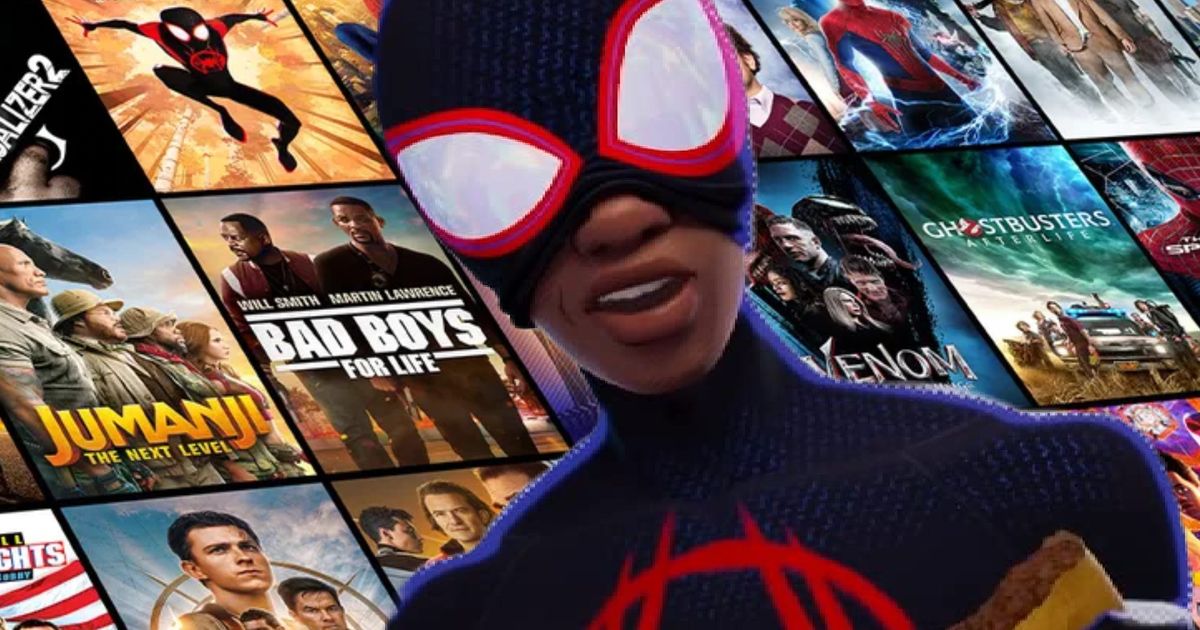 Sony Pictures Core movie library with Miles Morales reacting negatively on top 