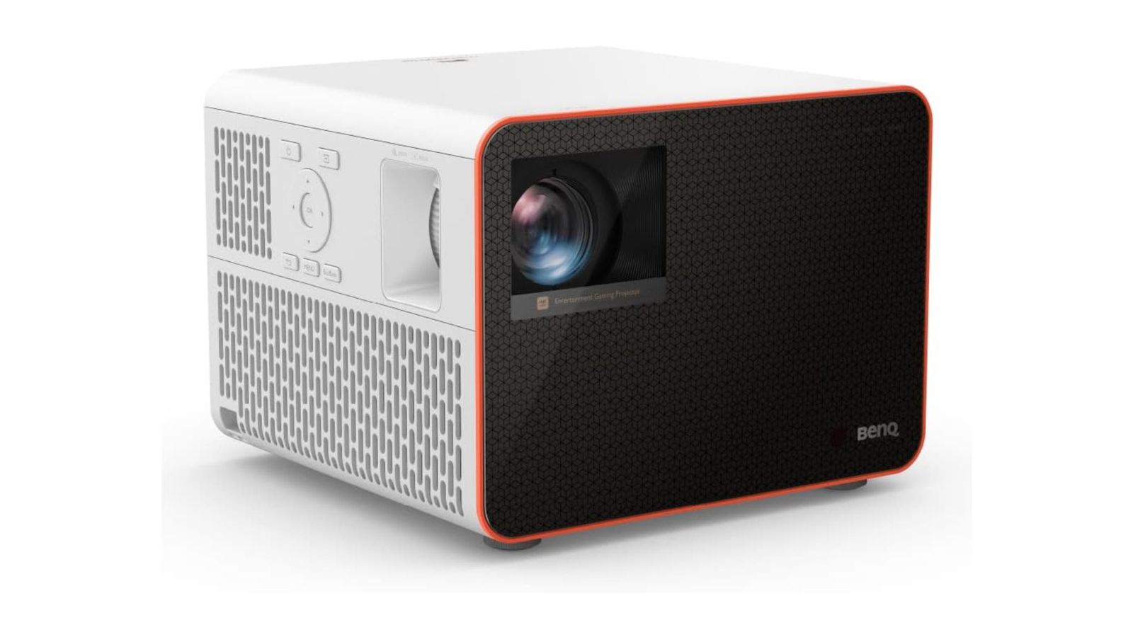 BenQ X3000i product image of a black and white box-shaped projector with orange details.