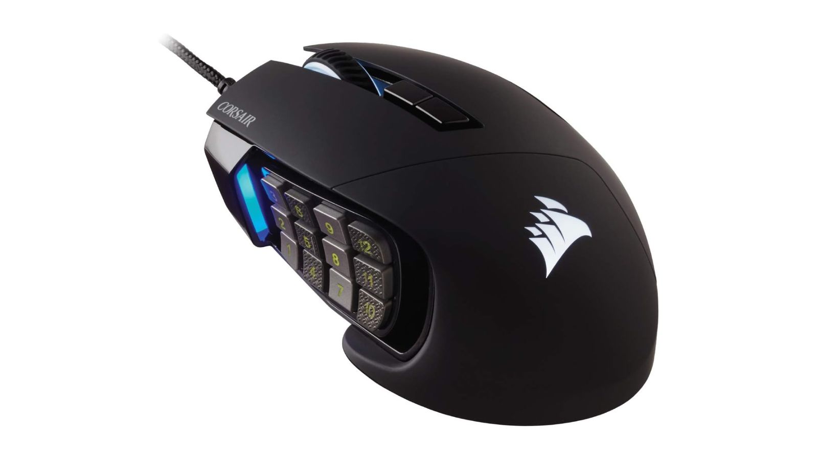 Corsair Scimitar RGB Elite product image of a black mouse featuring a white Corsair logo, blue lighting, and a number pad down the side.