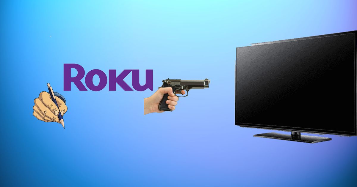 roku logo holding out pen and pointing gun at TV