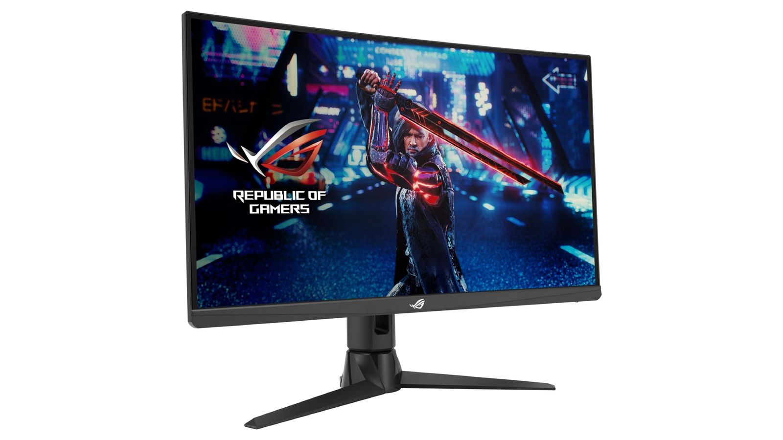 ASUS ROG Strix XG27AQV product image of a black monitor with a video game character holding a red flaming sword on the display next to ROG branding.