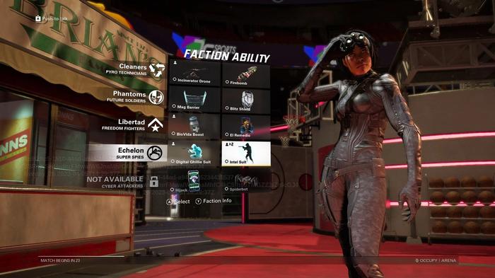 A female Third Echelon spy standing next to a menu of faction abilities in Ubisoft's XDefiant.