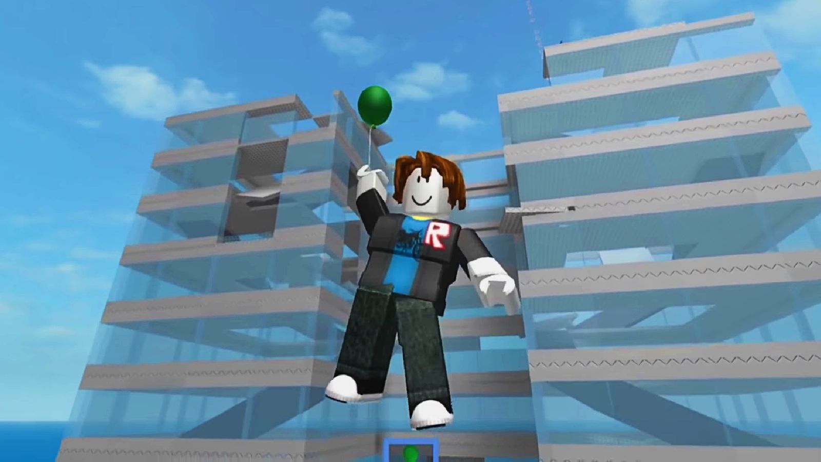 Roblox man flying with a green balloon in his left hand
