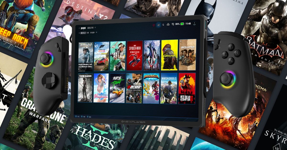An image of the OnexPlayer X1 handheld in front of the Steam library