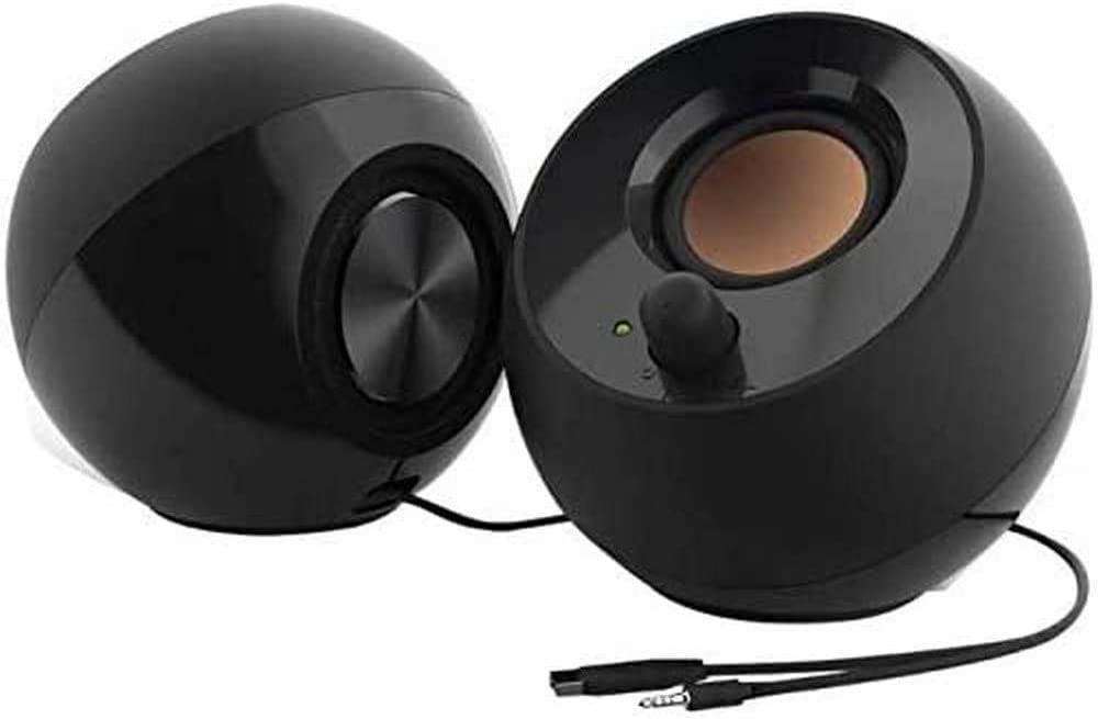 Creative Pebble 2.0 product image of two small, circular, black speakers.