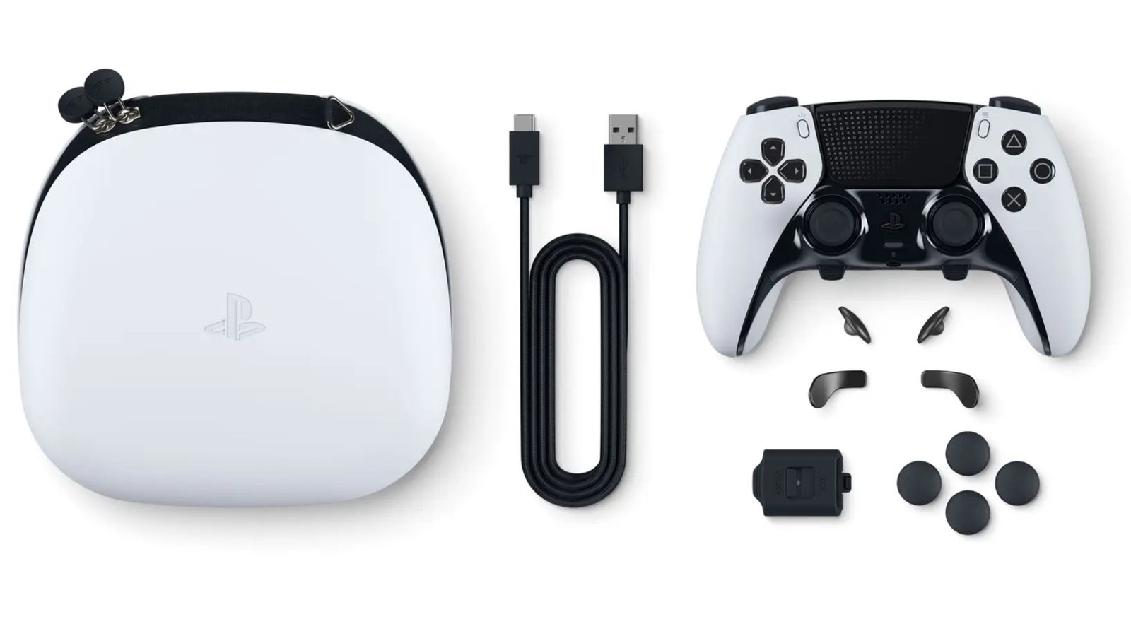 A picture of the DualSense Edge, its carry case, charging cable, and attachable buttons and triggers set against a white background.