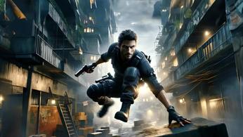 Man jumping over an obstacle with a pistol in-hand in Stride Fates key art