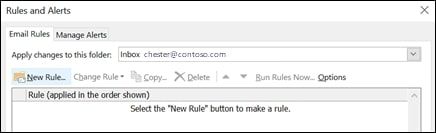 A screenshot of the Rules and Alerts dialog box in Microsoft Outlook.