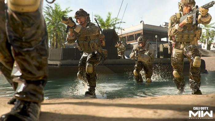 Soldiers jumping off a boat and wading through water to the riverbank - modern warfare 2 keyboard and mouse