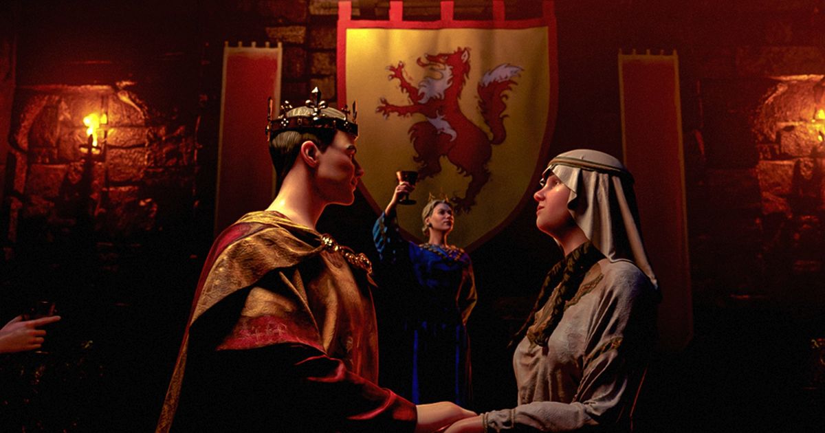 Crusader Kings 3: a man in a crown holds a womans hands, as a woman in blue raises a goblet behind them.