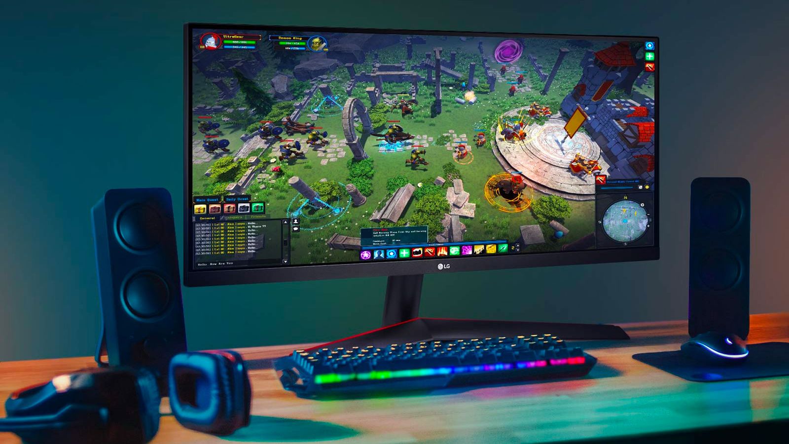 A black ultrawide monitor with a game up on the display sat ona  desk with an RGB keyboard, speakers, mouse, and headset.