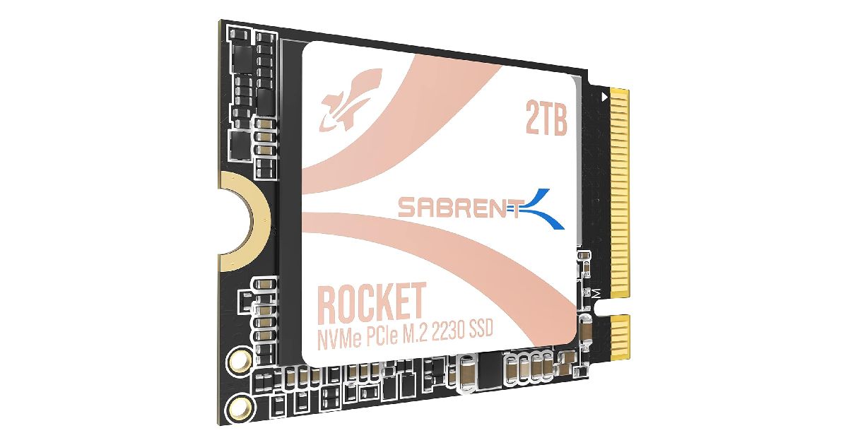 Sabrent Rocket 2230 product image of a black and gold square SSD featuring white and light pink branding on top.