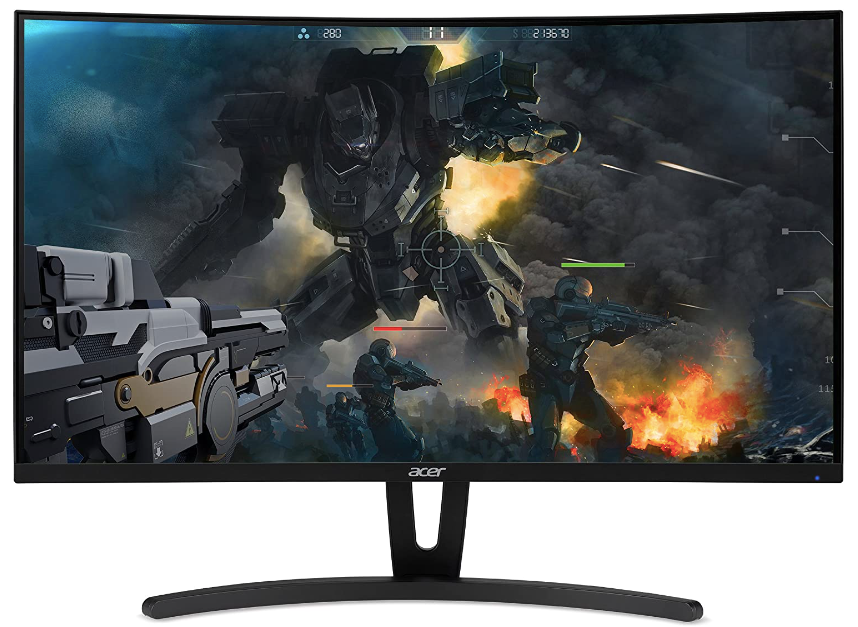 Acer ED273 product image of a curved black monitor with solider fighting a huge robot on the display.