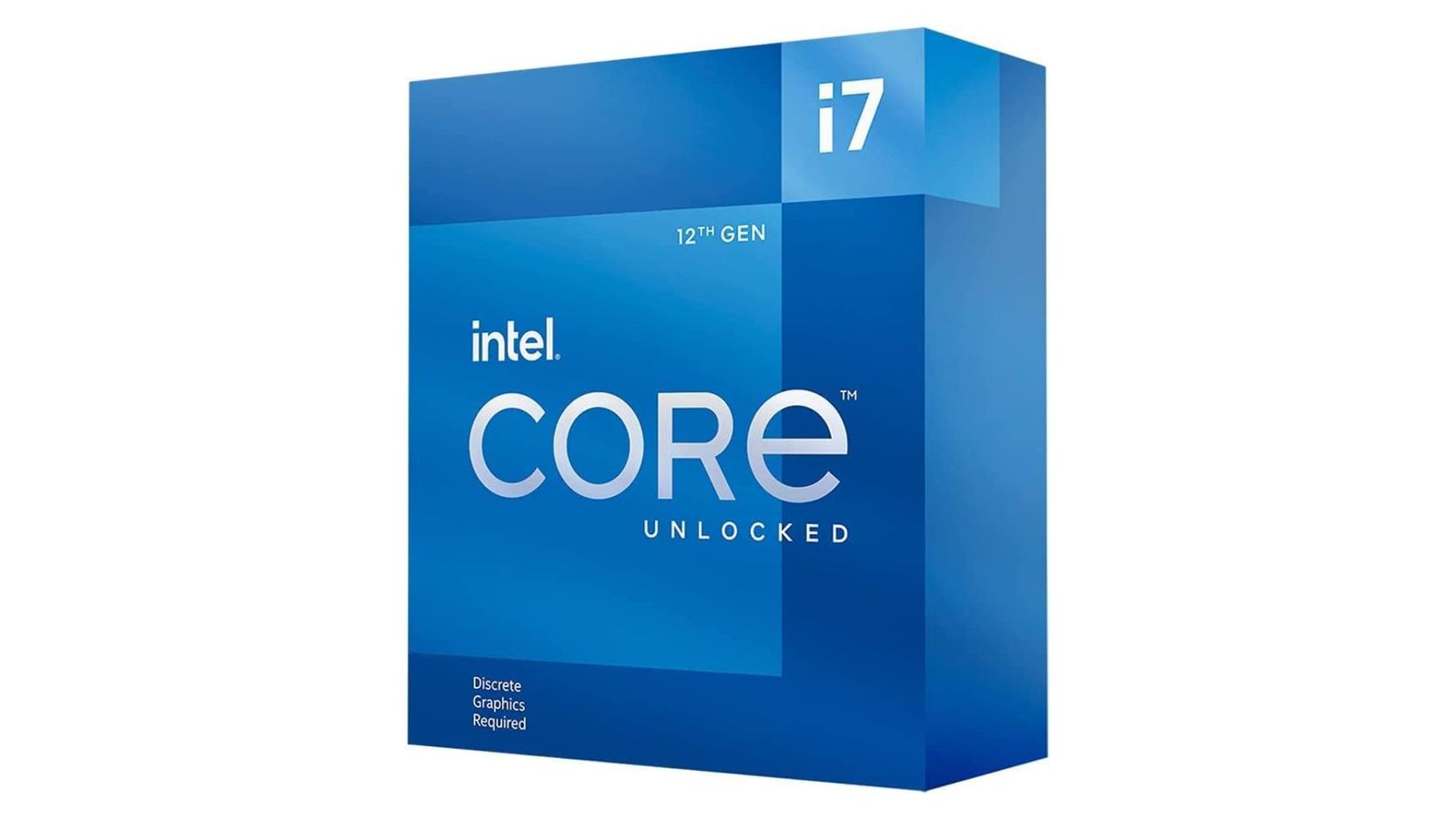 Intel Core i7-12700KF product image of a blue box with white Intel branding.