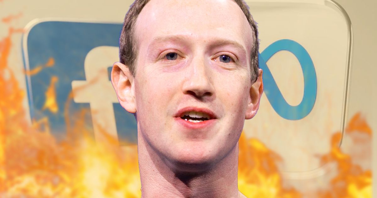 Mark Zuckerberg on a flaming Facebook and meta logo