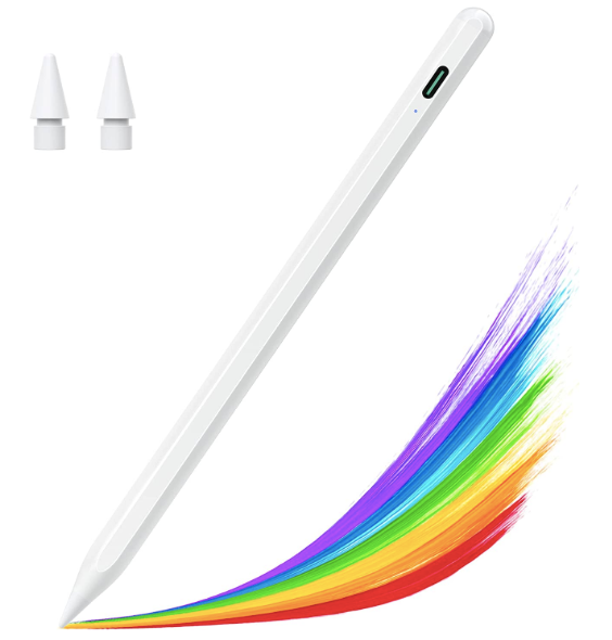 LDNIO Stylus Pen in white drawing a rainbow-coloured line from the tip.