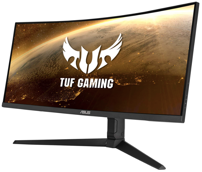 ASUS TUF Gaming VG34VQL1B product image of a black monitor with branding in white in front of an orange planet on the display.