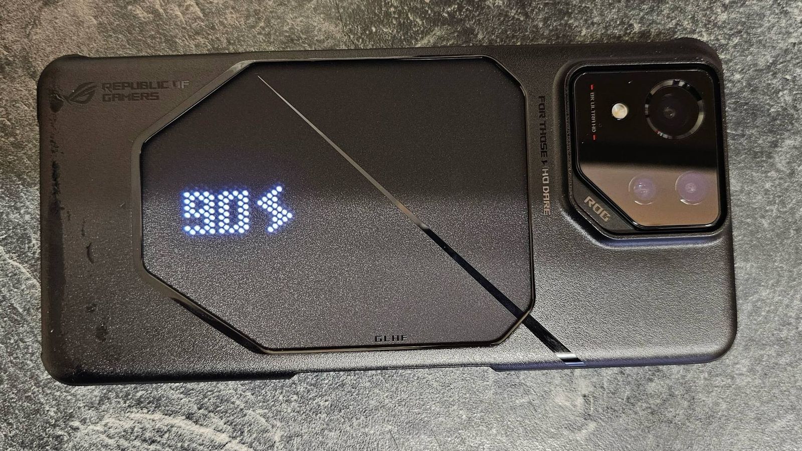 ASUS ROG Phone 8 Pro with AniMe display showcasing battery life 