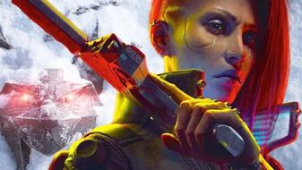 Cyberpunk 2077 2 character V holding a sci-fi pistol in front of a snowy Witcher amulet 