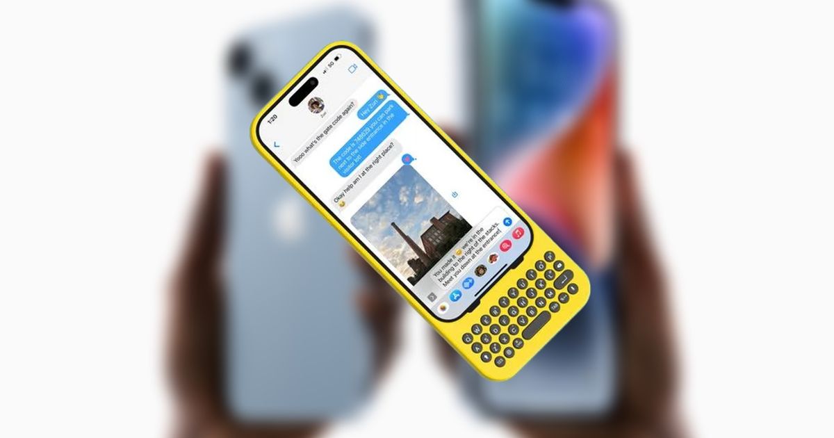 Yellow Clicks case on an iPhone in front of a press image from Apple