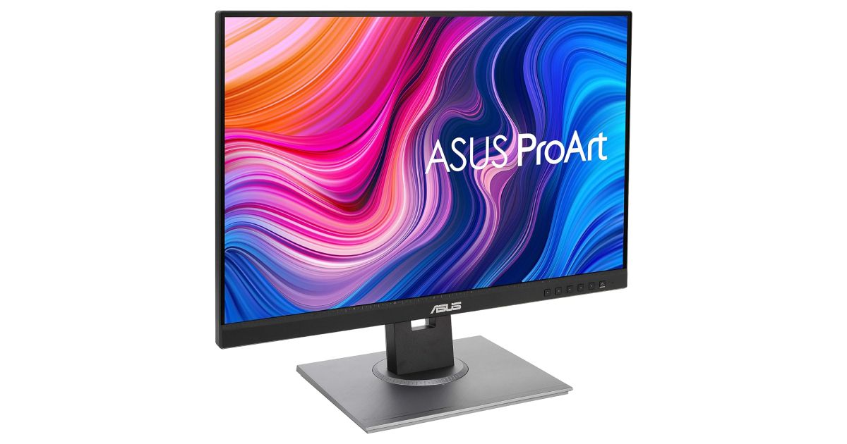 ASUS ProArt Display PA248QV product image of a black and dark grey monitor with a wavy orange, pink, purple, and blue pattern on the display.