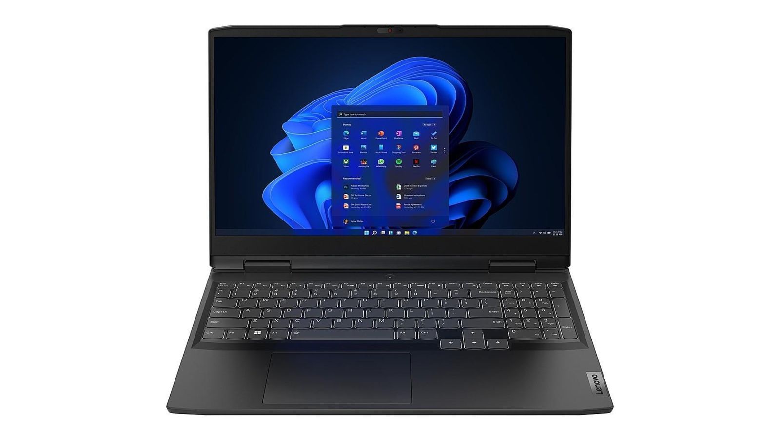 Best Lenovo gaming laptop - Lenovo IdeaPad Gaming 3 product image of a black laptop featuring a blue background and Windows 11 on the display. 