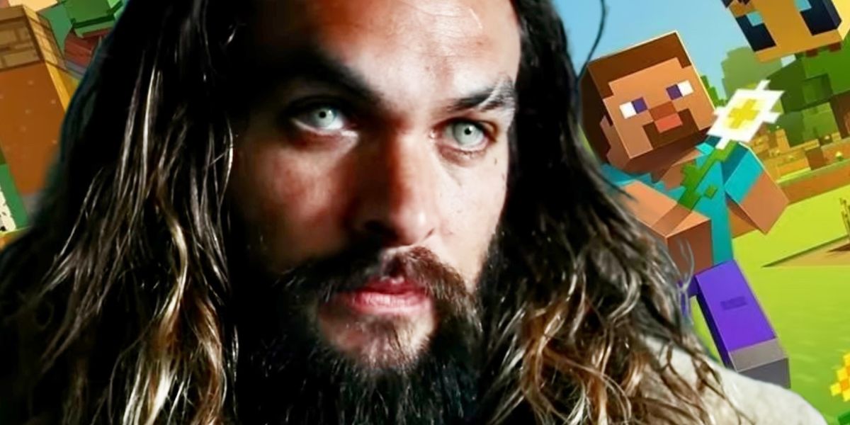 Aquaman star Jason momoa on a Minecraft movie background