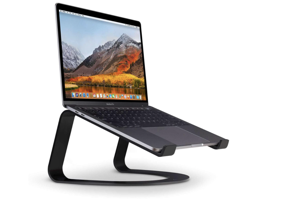 Twelve South Curve product image of a black laptop stand with a thin black and grey laptop on top.