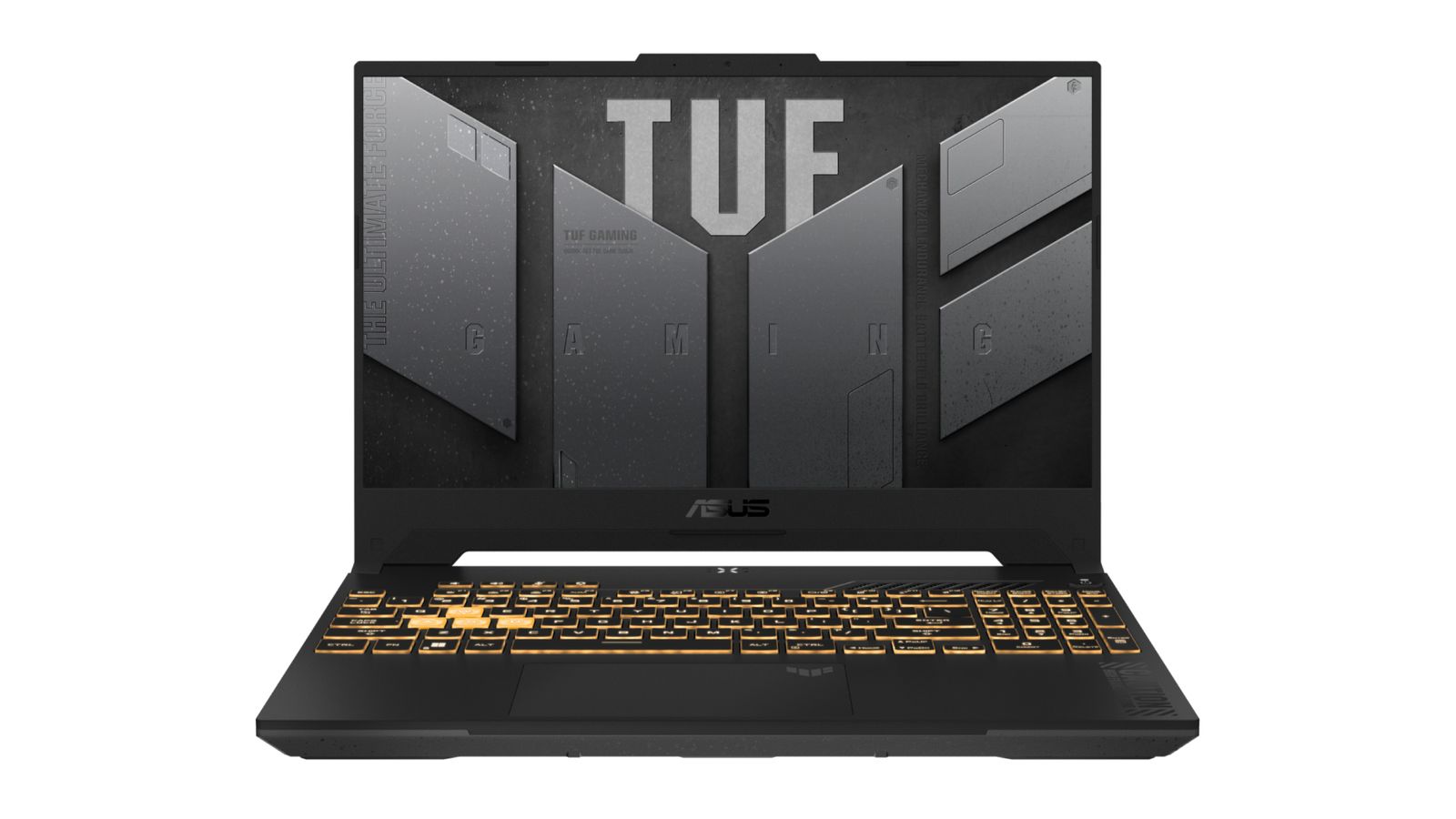 Best Diablo 4 gaming laptop - ASUS TUF Gaming F15 product image of a black gaming laptop featuring yellow backlit keys and grey TUF branding on the display.