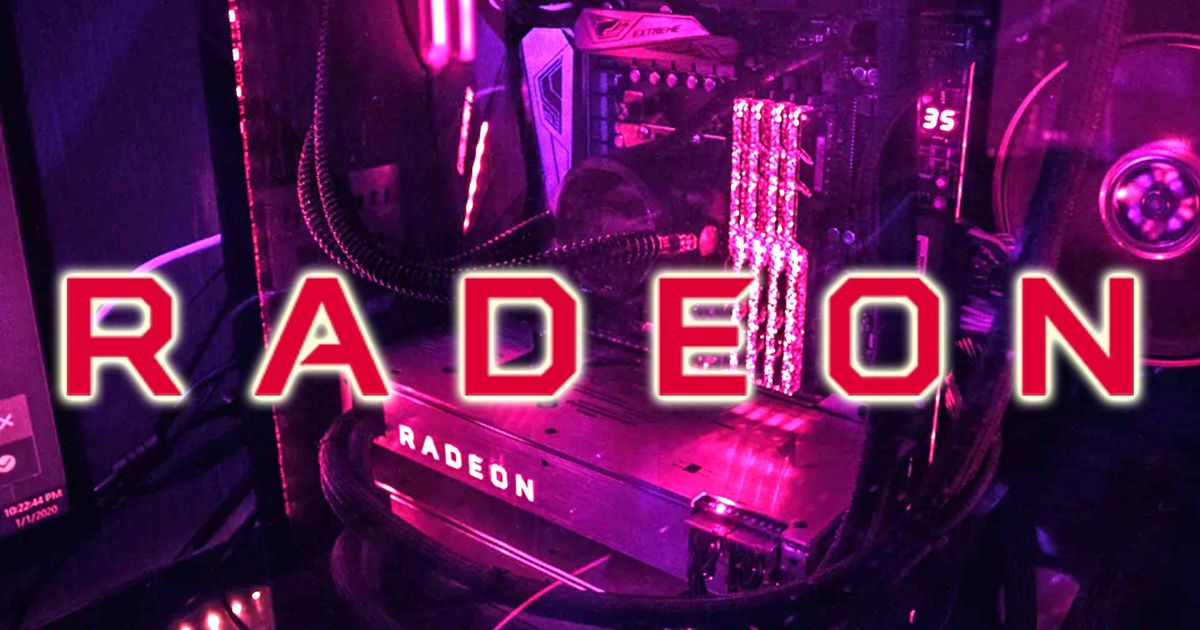 The AMD Radeon logo on top of a gaming PC