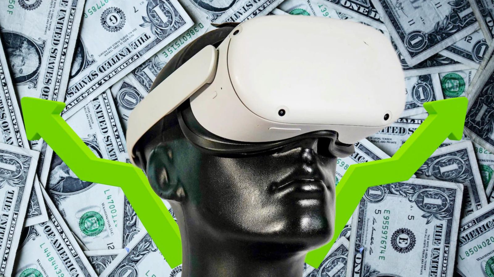 A Meta Quest 2 VR headset on a background of money with positive stock in the background