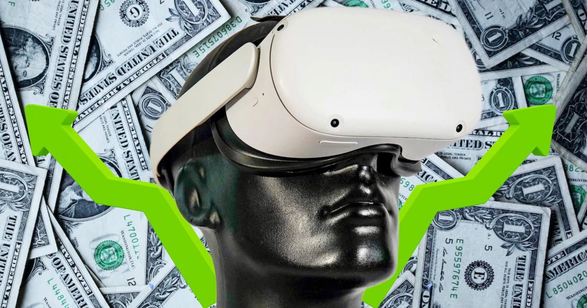 A Meta Quest 2 VR headset on a background of money with positive stock in the background