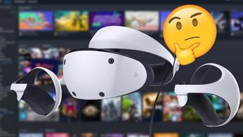 PSVR 2 headset in front of a Steam library and the Apple thinking emoji
