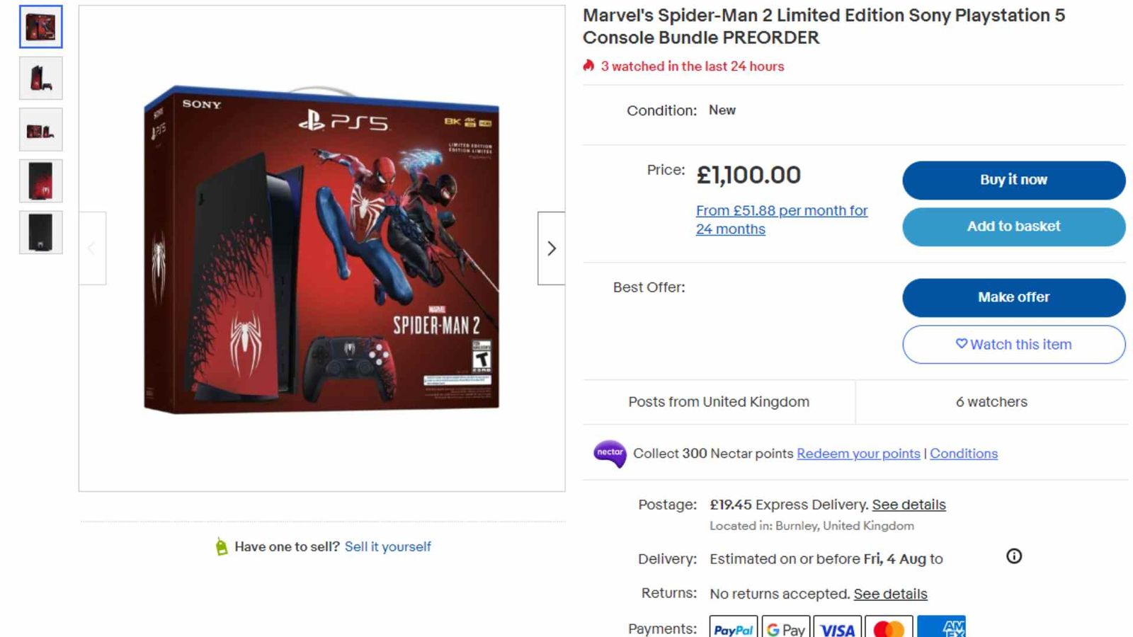 An ebay listing of the Spider-Man 2 PS5 Limited Edition console with a scalper pricing of £1,100