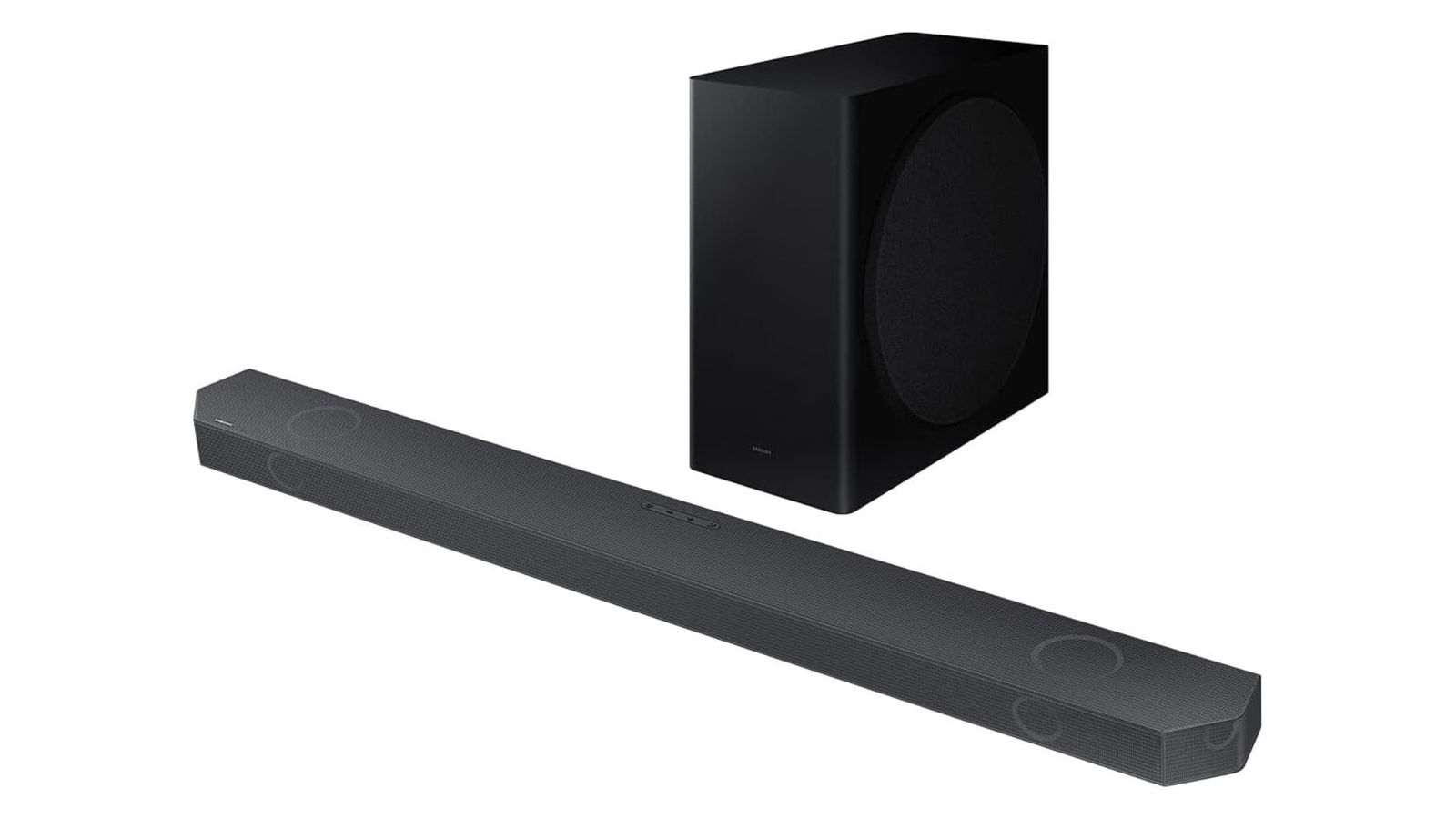 Samsung HW-Q800B product image of a long dark grey soundbar in front of a black subwoofer.
