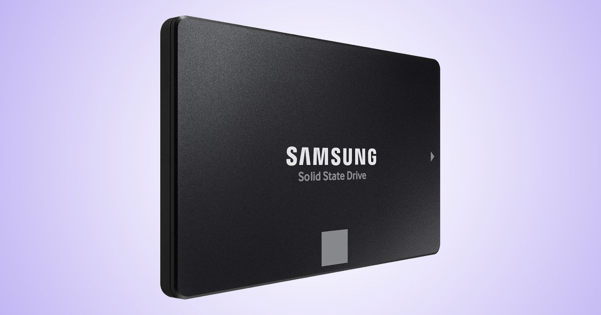A black, rectangular SSD featuring white Samsung branding in the centre of it.