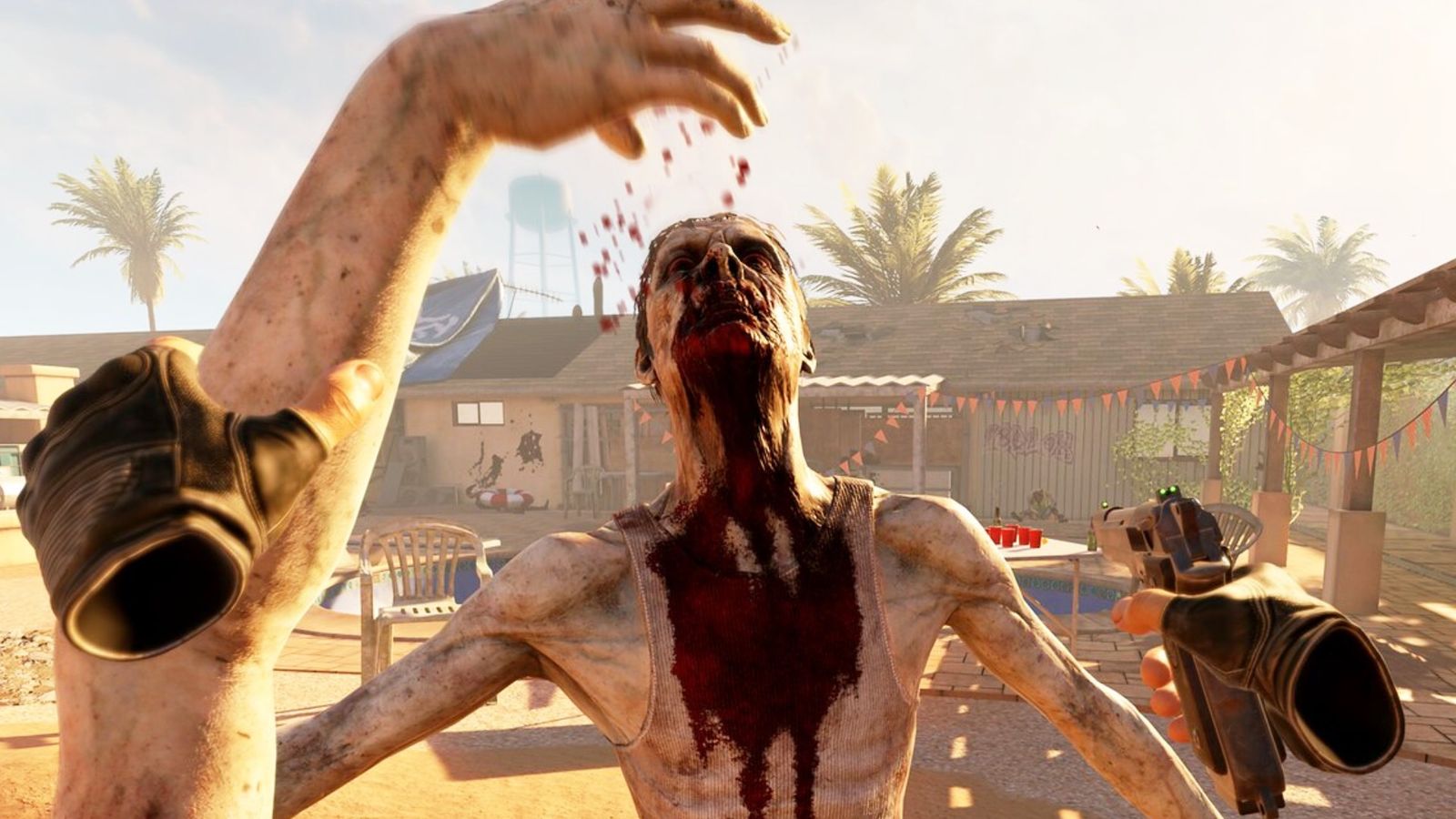 Arizona Sunshine 2 release date gameplay from a first person VR perspective showing a zombie getting hit in the face without another zombie’s arm