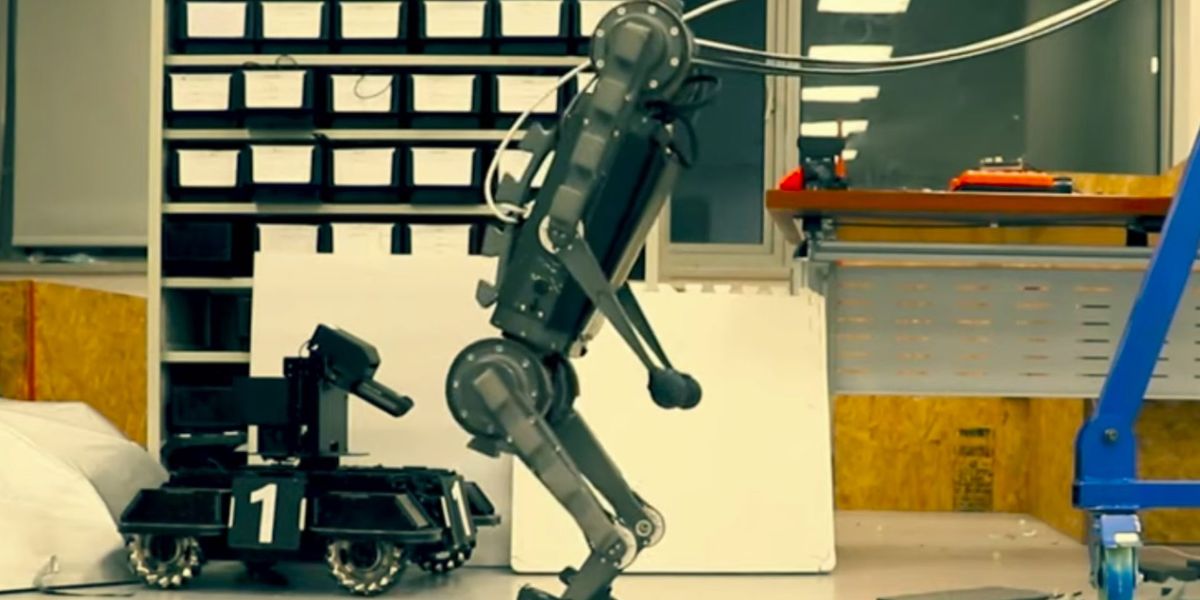 A hacked robot dog walking on its hind legs 
