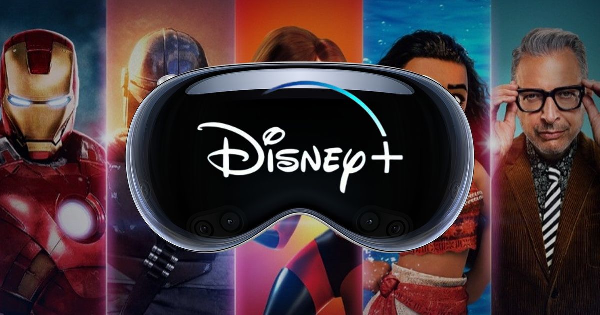Apple Vision Pro headset with Disney+ logo in front of Disney wallpaper