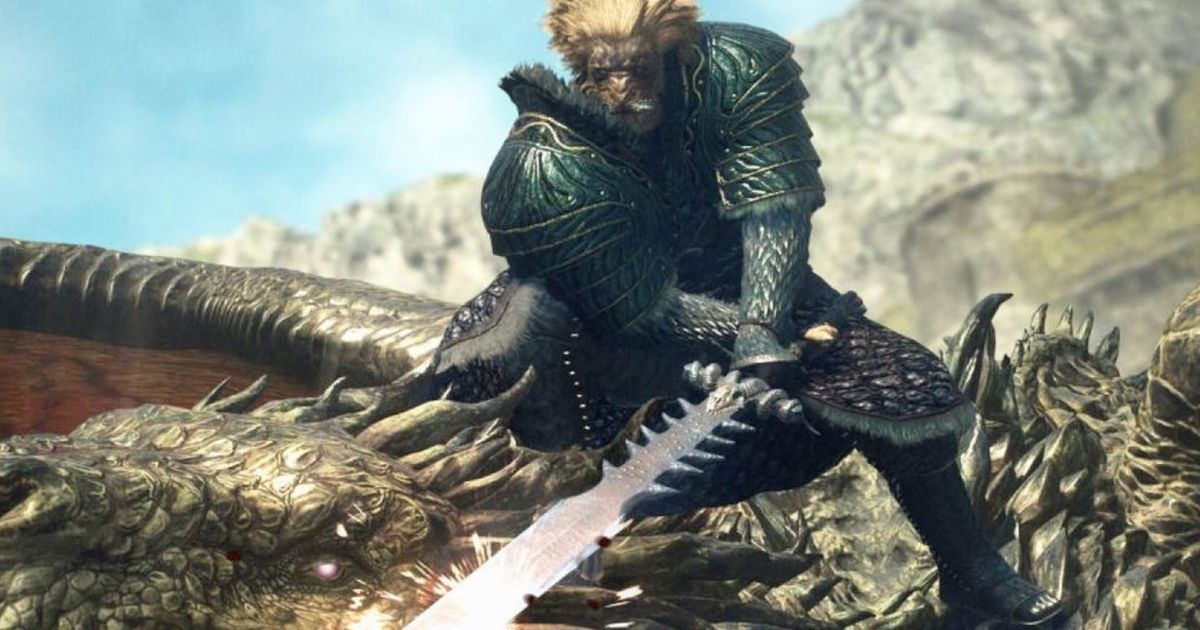 A beast man slashing on top of a Dragon’s Dogma 2 drake 