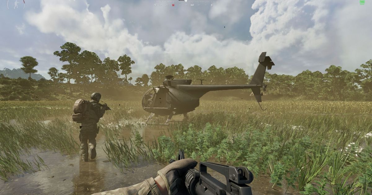 Gray Zone Warfare transport extract: A first-person screenshot of a player and their teammate walking towards a helicopter that has landed in front of them.