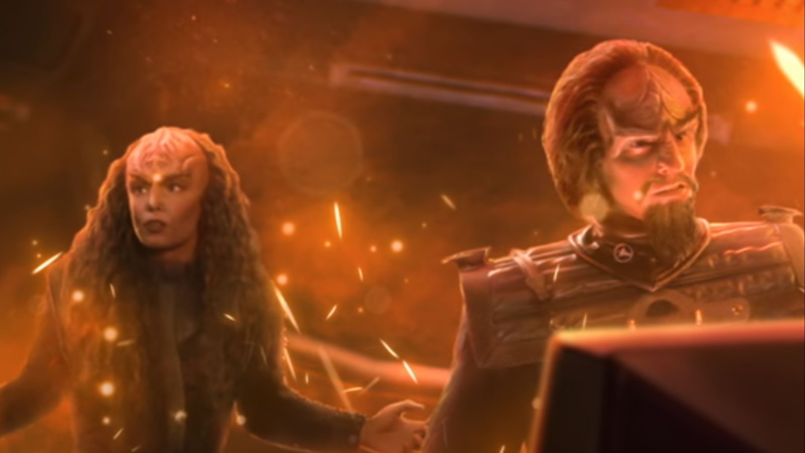 Star Trek Klingons looking panicked in a burning outpost