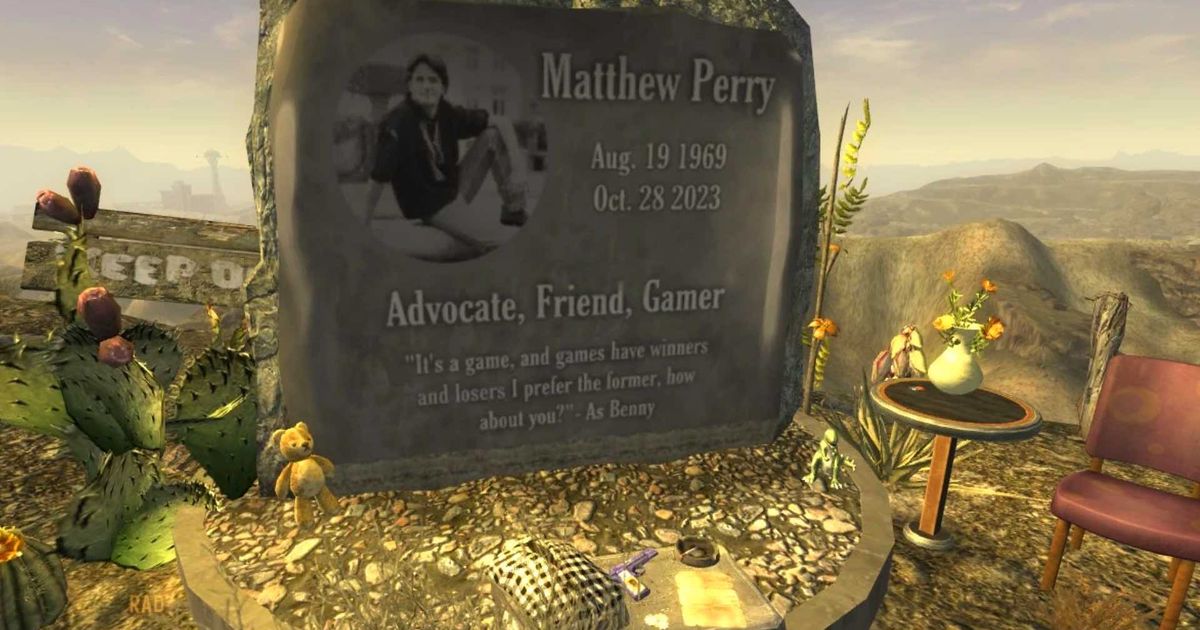 An image of the Matthew Perry memorial mod in Fallout New Vegas showing a gravestone with dedication to the late actor 