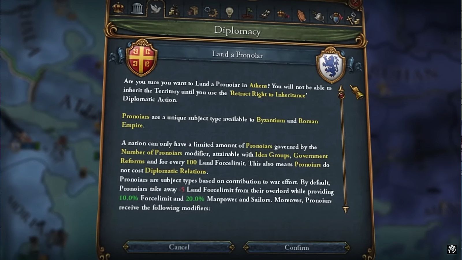Europa Universalis 4: Diplomacy menu including the "Land a Pronoiar" decision
