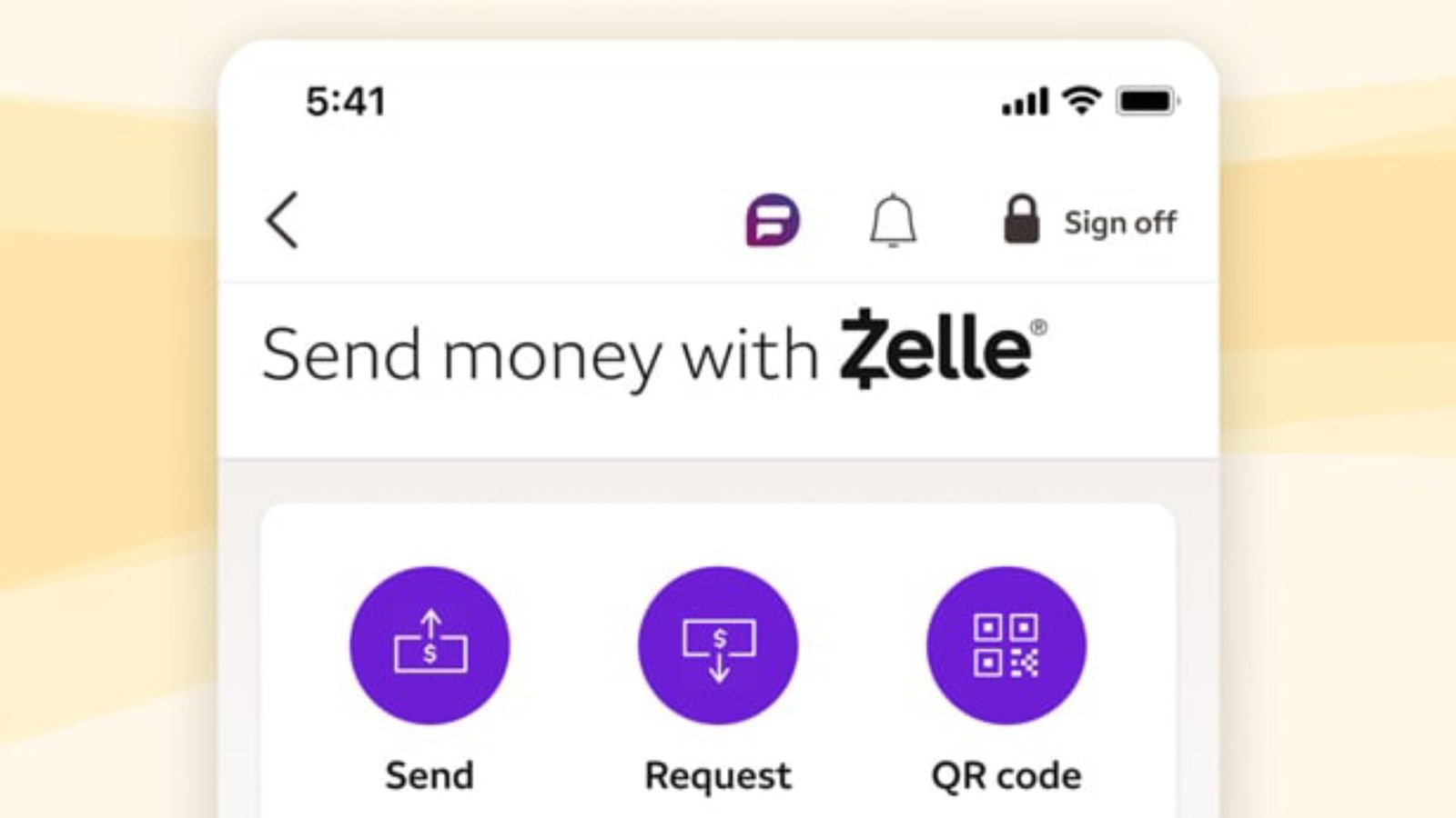 Wells Fargo Zelle not working - An image of the Zelle app on iPhone