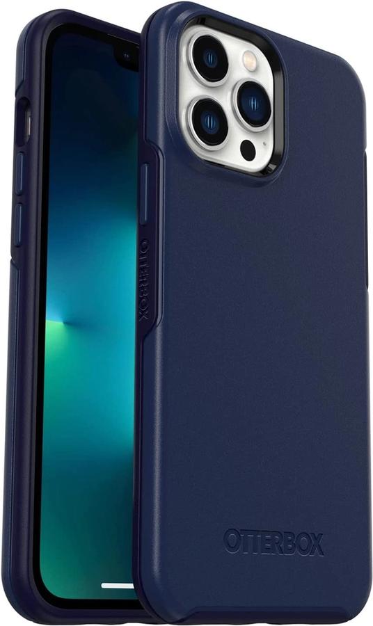 Otterbox Symmetry Series+ product image of a dark blue case on an iPhone.