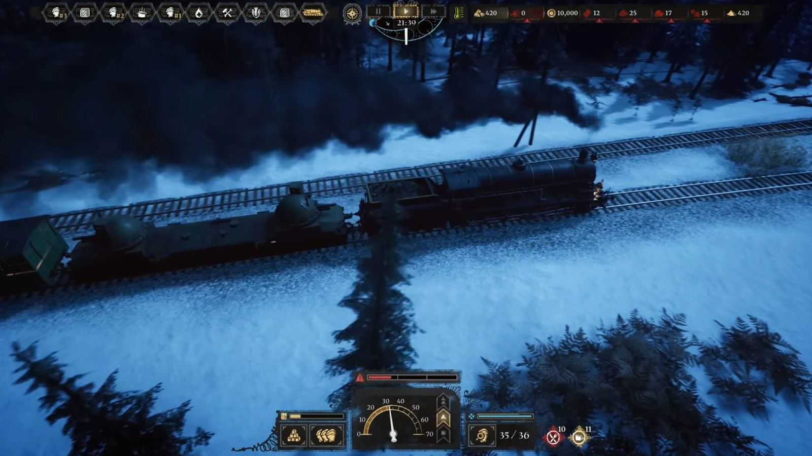 Last Train Home - gameplay screenshot of the train moving on tracks through a snowy forest