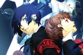 persona 3 portable remaster rush job a boy and girl stand back to back with a coffin behind them